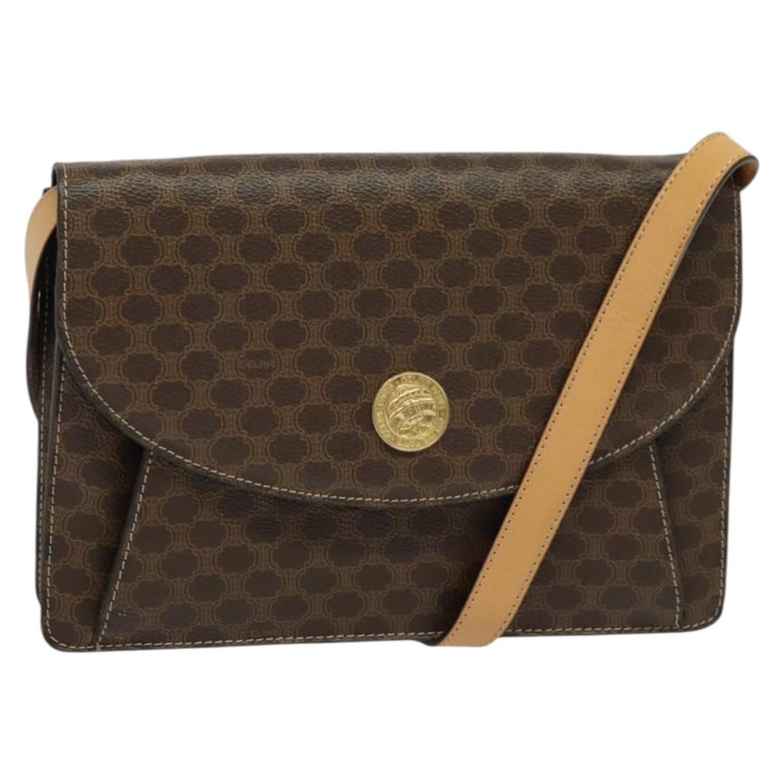CELINE Macadam Shoulder Bag Brown PVC Leather Canvas Italy: CELINE Macadam Shoulder Bag Brown PVC Leather Canvas Italy Celine Macadam canvas shoulder bag in brown and gold, made in Italy. It is crafted from PVC leather and Macadam canvas and measures approxima