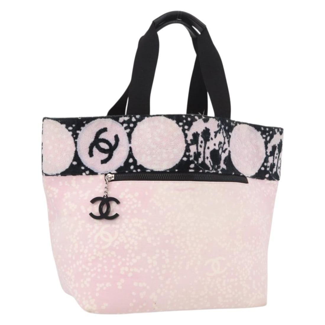 Pink Canvas CHANEL CC Handbag Silver Tone Made in France: Pink Canvas CHANEL CC Handbag Silver Tone Made in France Pink and silver CHANEL canvas hand bag made in France. The item is a heavily used style with visible rubbing, stains, slight loss of shape, scr