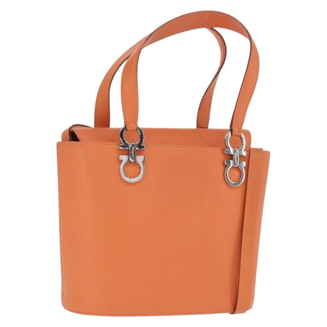 Salvatore Ferragamo Orange Leather Gancini Convertible Shoulder Handbag Italy: Salvatore Ferragamo Orange Leather Gancini Convertible Shoulder Handbag Italy This Salvatore Ferragamo Gancini handbag is crafted from orange leather with silver-tone accents. Designed as a 2-way bag,