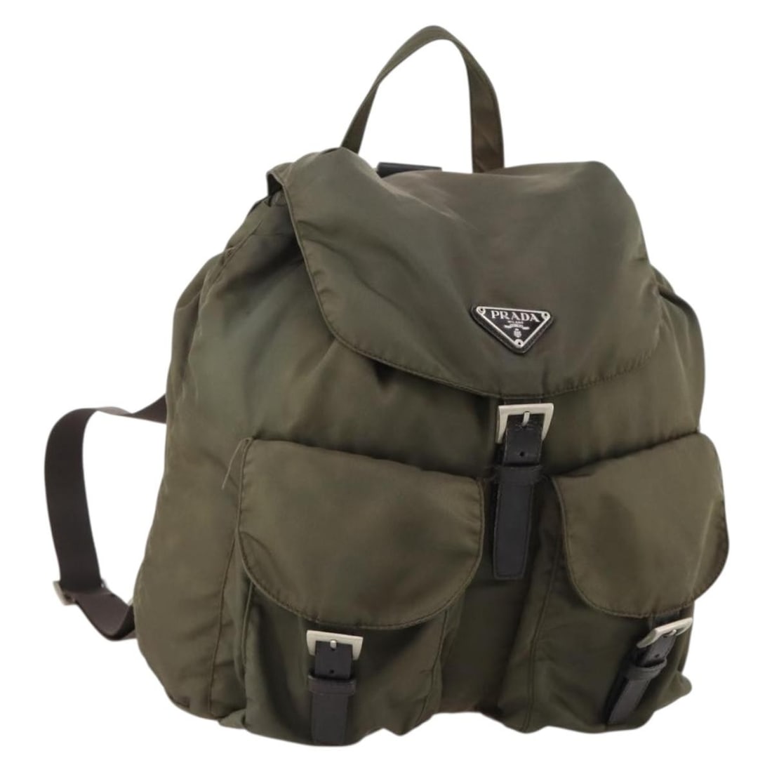 Khaki Nylon Prada Women's Backpack with Silver Tone Hardware: Khaki Nylon Prada Women's Backpack with Silver Tone Hardware This Prada women's backpack is crafted from khaki nylon with silver-tone accents. Made in Italy, it features a spacious main compartment an