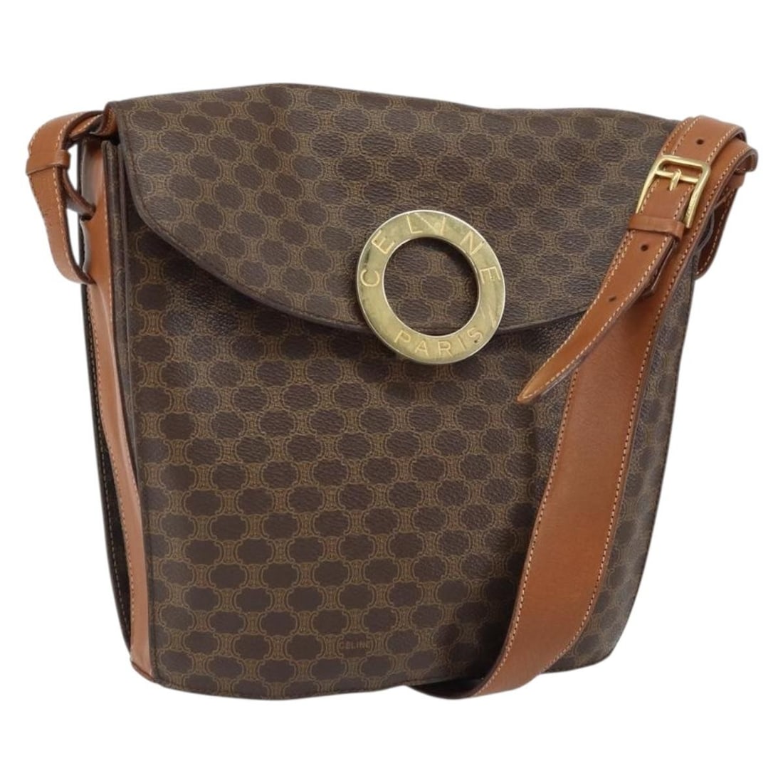 Celine Macadam PVC Leather Shoulder Bag Brown Gold Tone: Celine Macadam PVC Leather Shoulder Bag Brown Gold Tone A CELINE shoulder bag in brown and gold, crafted from PVC leather and Macadam canvas. Made in Italy, it features a shoulder strap with an approx