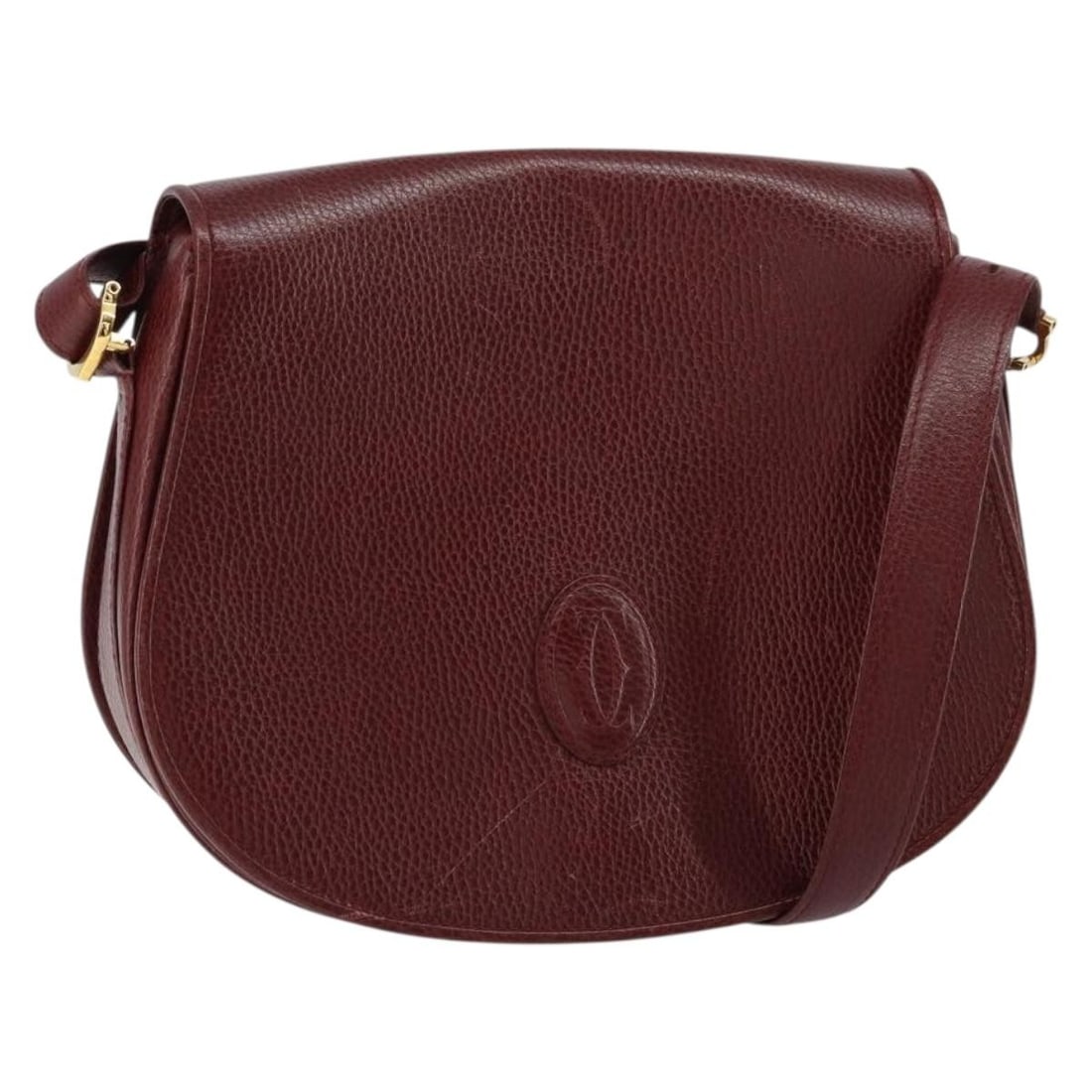 Cartier Bordeaux Leather Shoulder Bag with Gold Tone Details and Guarantee Card: Cartier Bordeaux Leather Shoulder Bag with Gold Tone Details and Guarantee Card This is a Cartier shoulder bag crafted from bordeaux leather with gold-tone accents. It features an adjustable shoulder 