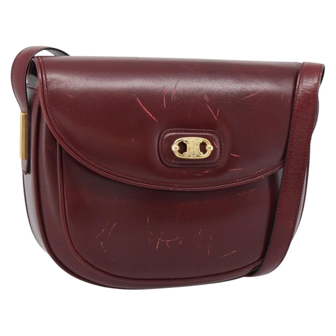 CELINE Bordeaux Leather Shoulder Bag Gold Tone Hardware: CELINE Bordeaux Leather Shoulder Bag Gold Tone Hardware CELINE shoulder bag in leather with a Bordeaux and gold color combination. Made in Italy, this women's bag measures approximately 9.1 x 7.1 x 3.