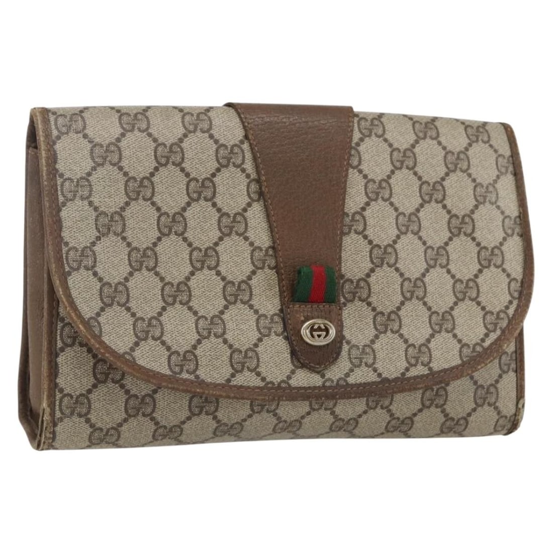 Gucci GG Supreme Beige PVC Sherry Line Clutch With Web Stripe Italy: Gucci GG Supreme Beige PVC Sherry Line Clutch With Web Stripe Italy This is a women's Gucci GG Supreme Web Sherry Line clutch bag crafted from beige and gold PVC leather with GG canvas accents. The ba