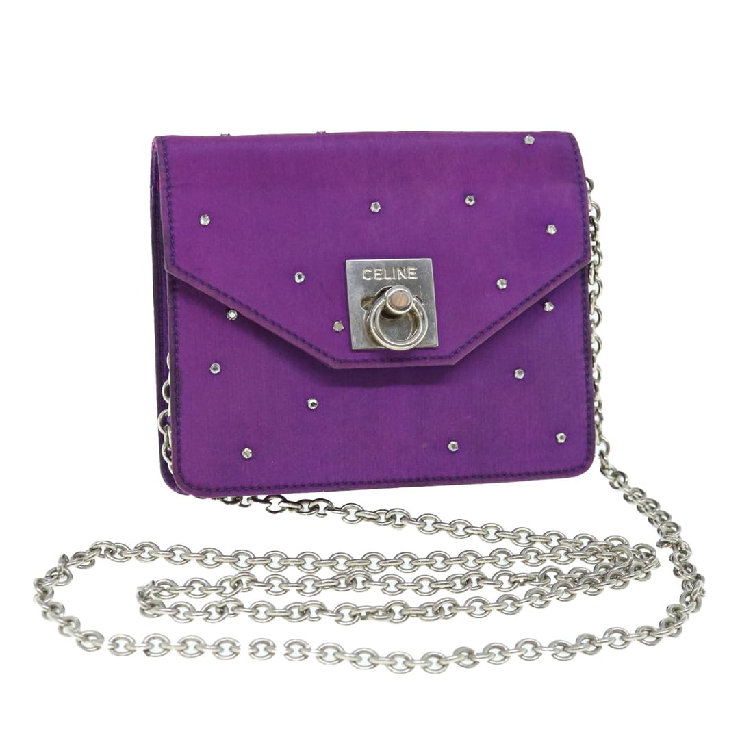 CELINE purple satin chain pouch women Italy: CELINE purple satin chain pouch women Italy This CELINE chain pouch is crafted from purple satin and designed for women. Made in Italy, it features a compact silhouette with approximate dimensions of 