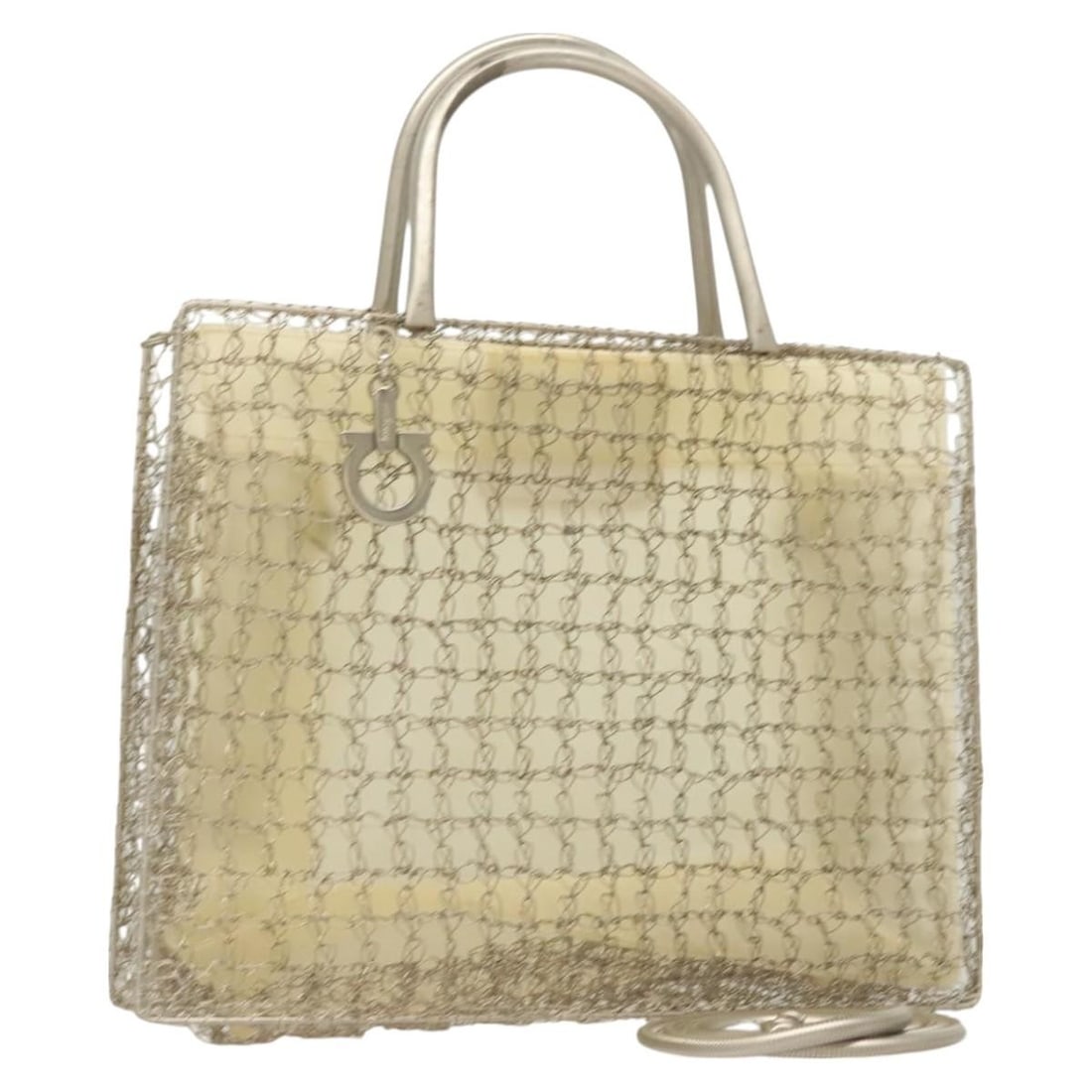 Salvatore Ferragamo Gancini Silver Metal 2way Handbag with Shoulder Strap: Salvatore Ferragamo Gancini Silver Metal 2way Handbag with Shoulder Strap Salvatore Ferragamo Gancini hand bag in silver metal, made in Italy, with a 2-way design and included shoulder strap. The bag 