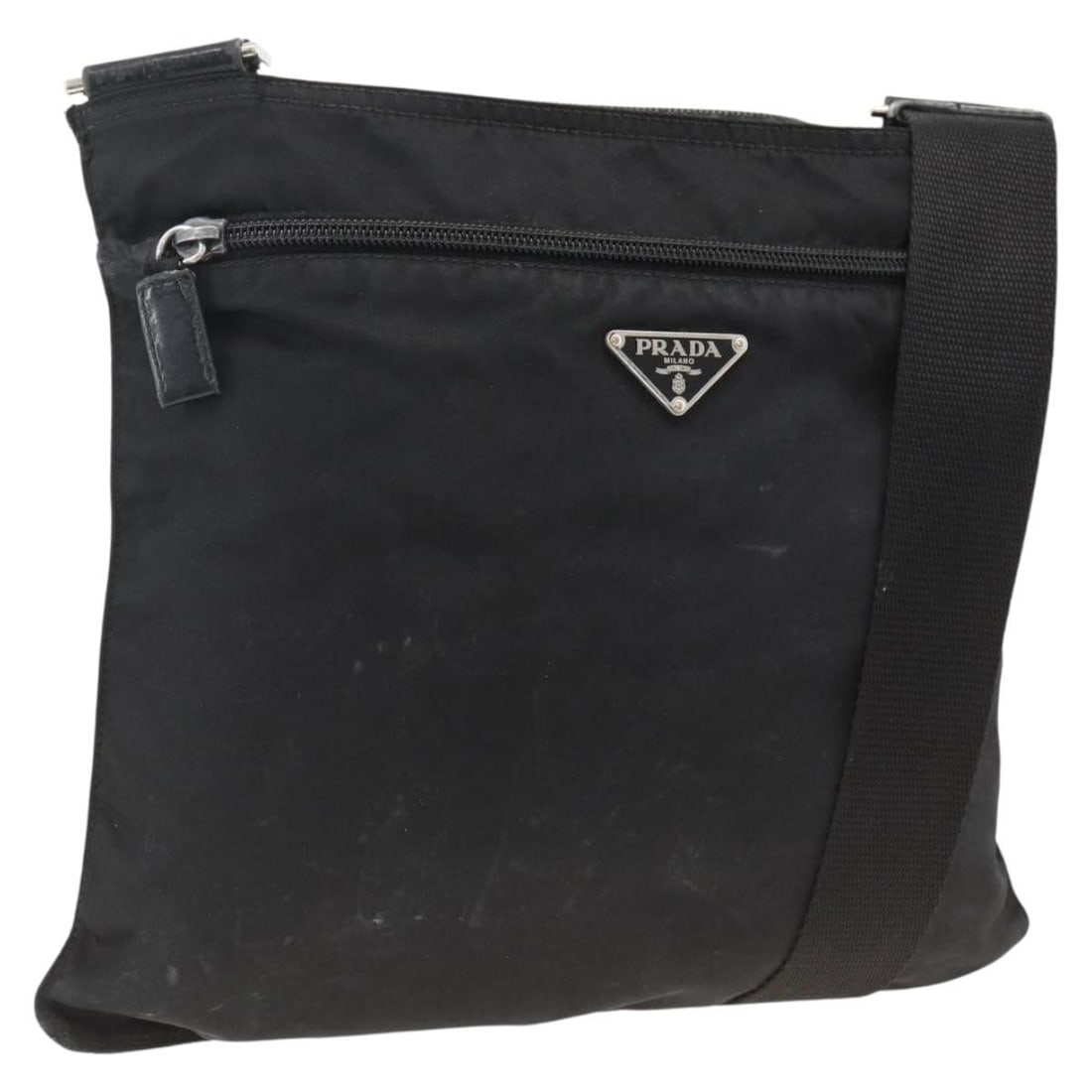 Prada Nylon Black Silver Women's Shoulder Bag with Adjustable Strap and Card: Prada Nylon Black Silver Women's Shoulder Bag with Adjustable Strap and Card This PRADA shoulder bag features a black nylon exterior accented with silver-tone details. Designed for women, it offers a 