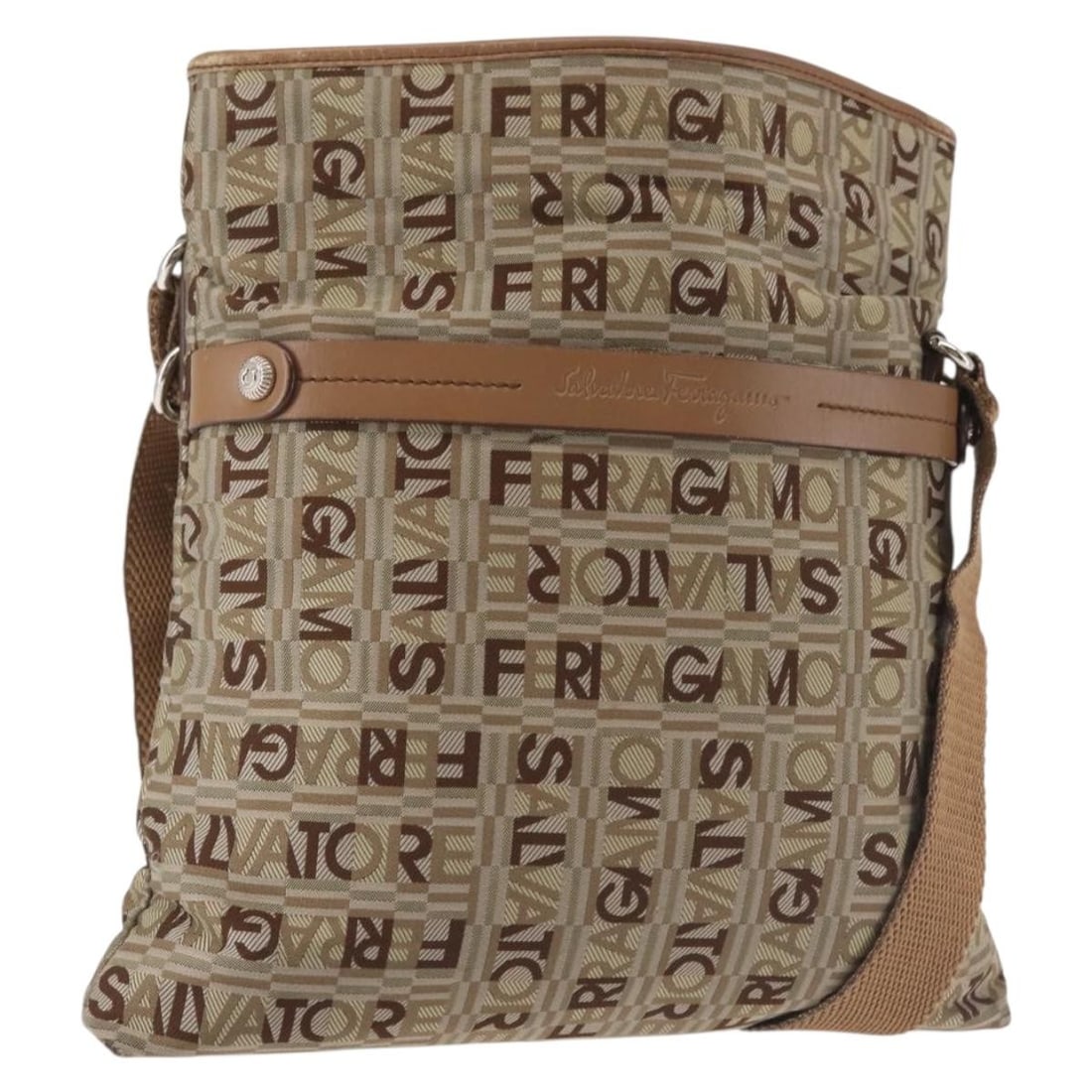 Salvatore Ferragamo Brown Silver Canvas Shoulder Bag Auth BA5611: Salvatore Ferragamo Brown Silver Canvas Shoulder Bag Auth BA5611 This Salvatore Ferragamo shoulder bag is a stylish accessory crafted from durable canvas in a rich brown color accented with silver det