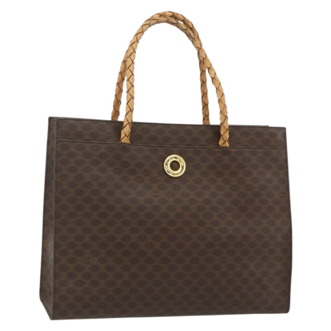 CELINE Macadam Canvas Brown Gold Tote Bag PVC Leather Italy: CELINE Macadam Canvas Brown Gold Tote Bag PVC Leather Italy This CELINE Macadam tote bag features a brown and gold exterior crafted from PVC leather and Macadam canvas. The bag is designed for women a