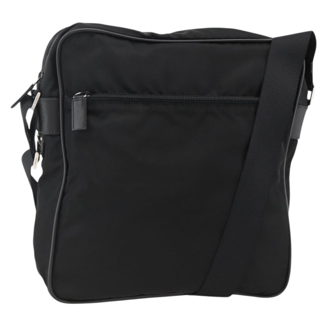 Black Nylon Shoulder Bag by Prada Silver Tone Hardware: Black Nylon Shoulder Bag by Prada Silver Tone Hardware A Prada shoulder bag in black nylon with silver-tone hardware. Made in Italy, this pre-owned bag features a shoulder strap with an approximate dr