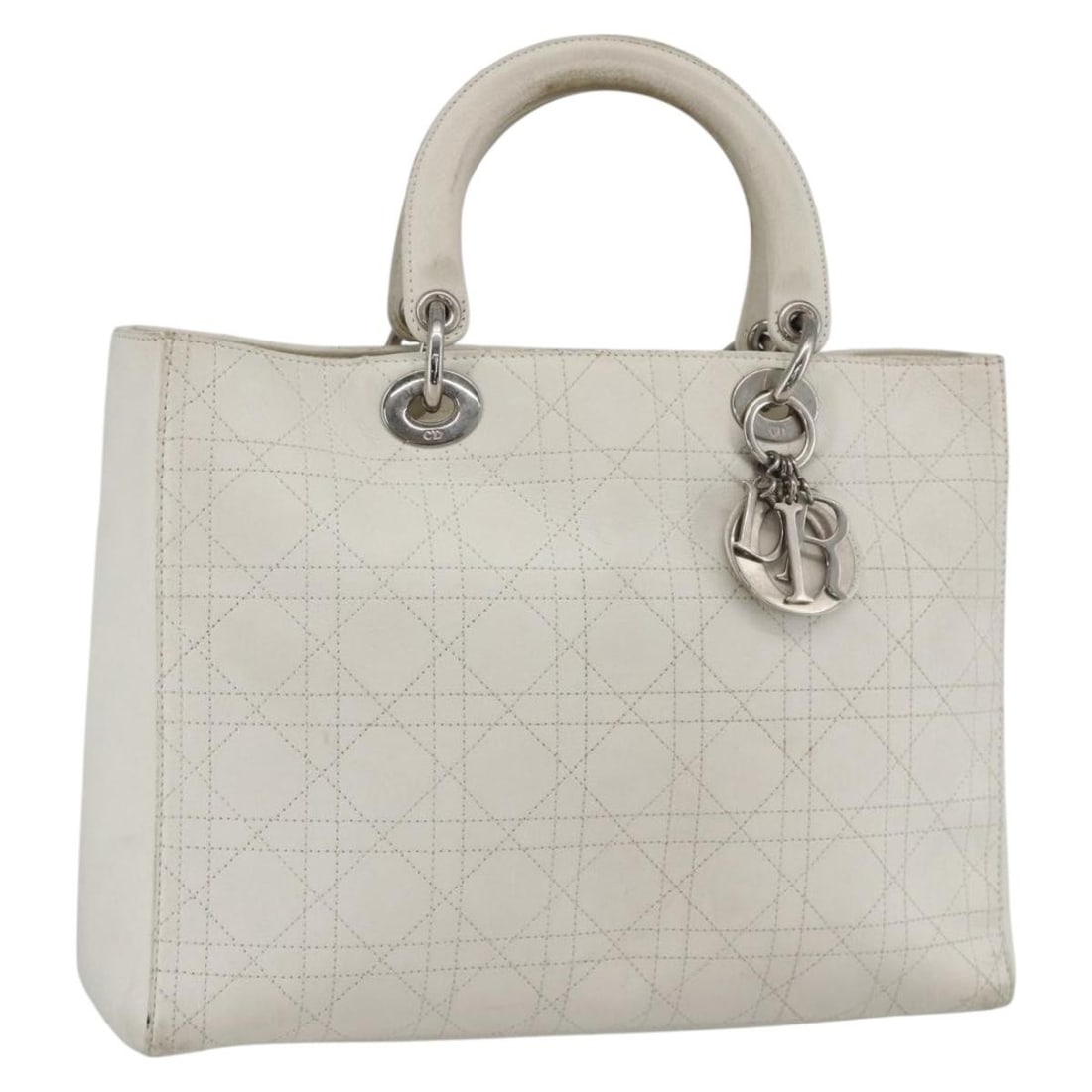 Christian Dior Lady Dior Cannage Leather Handbag White Silver Charm: Christian Dior Lady Dior Cannage Leather Handbag White Silver Charm Christian Dior Lady Dior Canage handbag in white and silver leather and lamb skin, made in Italy. The bag comes with a charm accesso