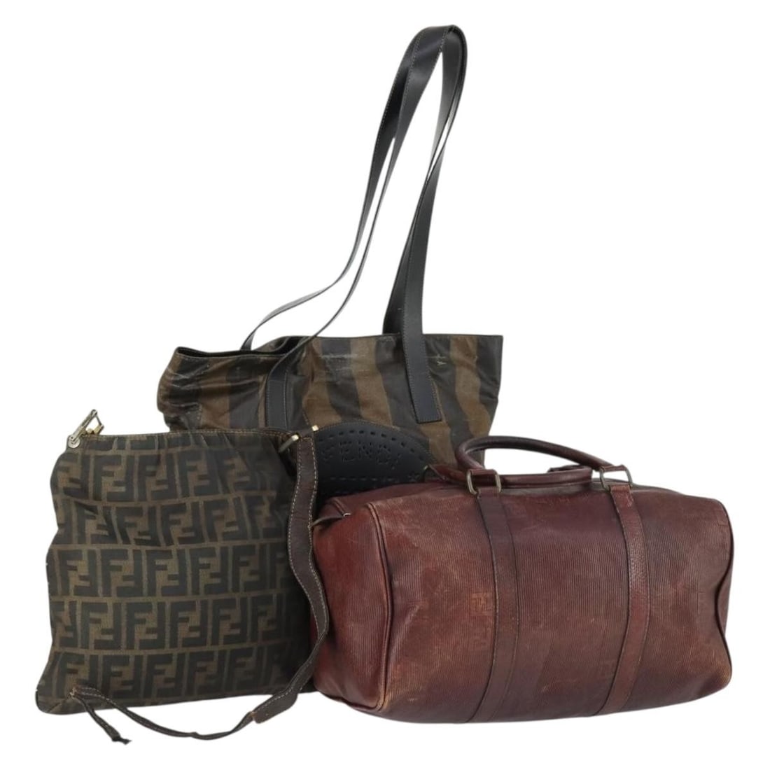 Fendi Brown Black Pequin Canvas and Leather Three Piece Handbag Set: Fendi Brown Black Pequin Canvas and Leather Three Piece Handbag Set This Fendi Pequin Canvas and leather handbag set features a brown and black color scheme. Made in Italy, the set includes three piec
