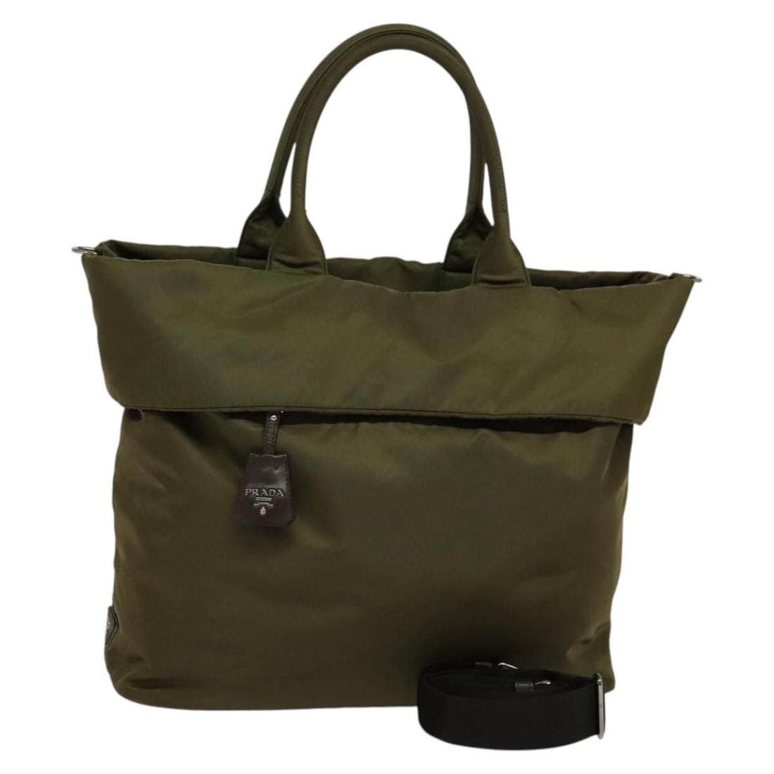 PRADA Khaki Nylon 2way Hand Bag with Shoulder Strap: PRADA Khaki Nylon 2way Hand Bag with Shoulder Strap PRADA hand bag in khaki nylon, designed for women and made in Turkey. It comes with a shoulder strap and features a 2-way style. The item is heavily