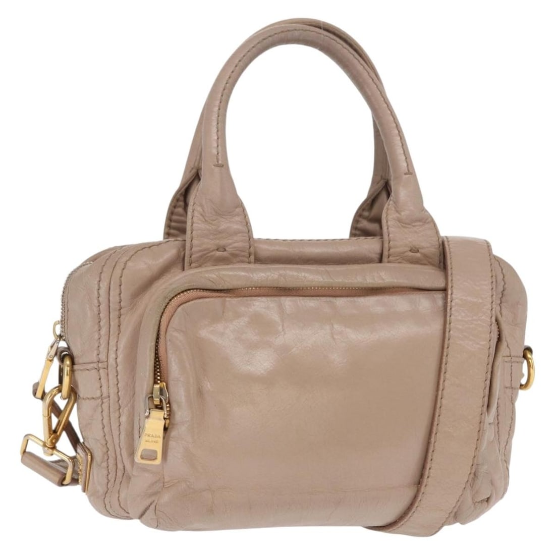 PRADA 2way Leather Hand Bag Beige Gold Authentic Italy: PRADA 2way Leather Hand Bag Beige Gold Authentic Italy This authentic PRADA hand bag is a stylish accessory crafted from high-quality leather. It features a chic beige and gold color combination, perf