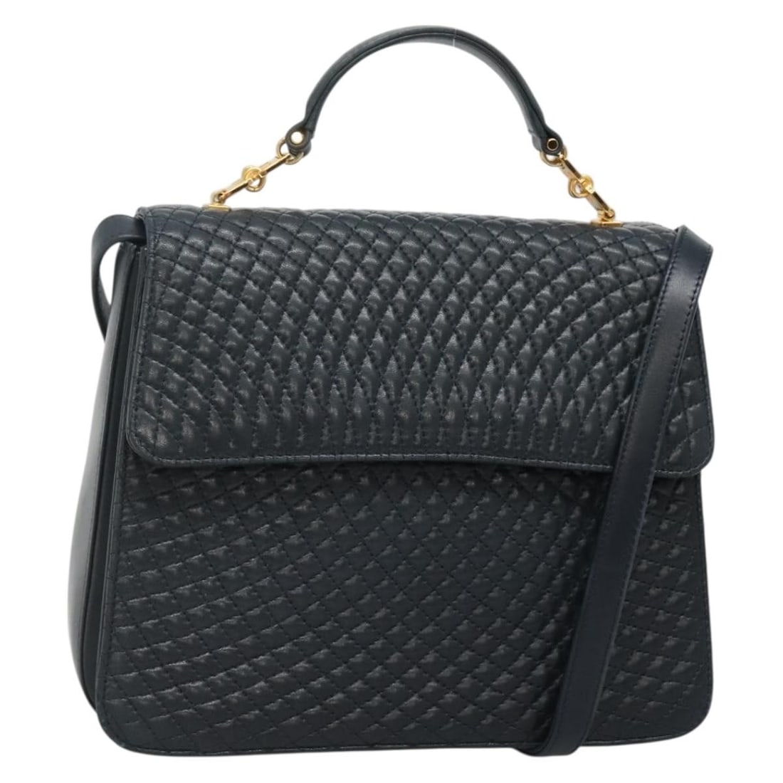 BALLY Navy Gold Leather Hand Bag 2way Italy Auth BA4873 (1 of 18)
