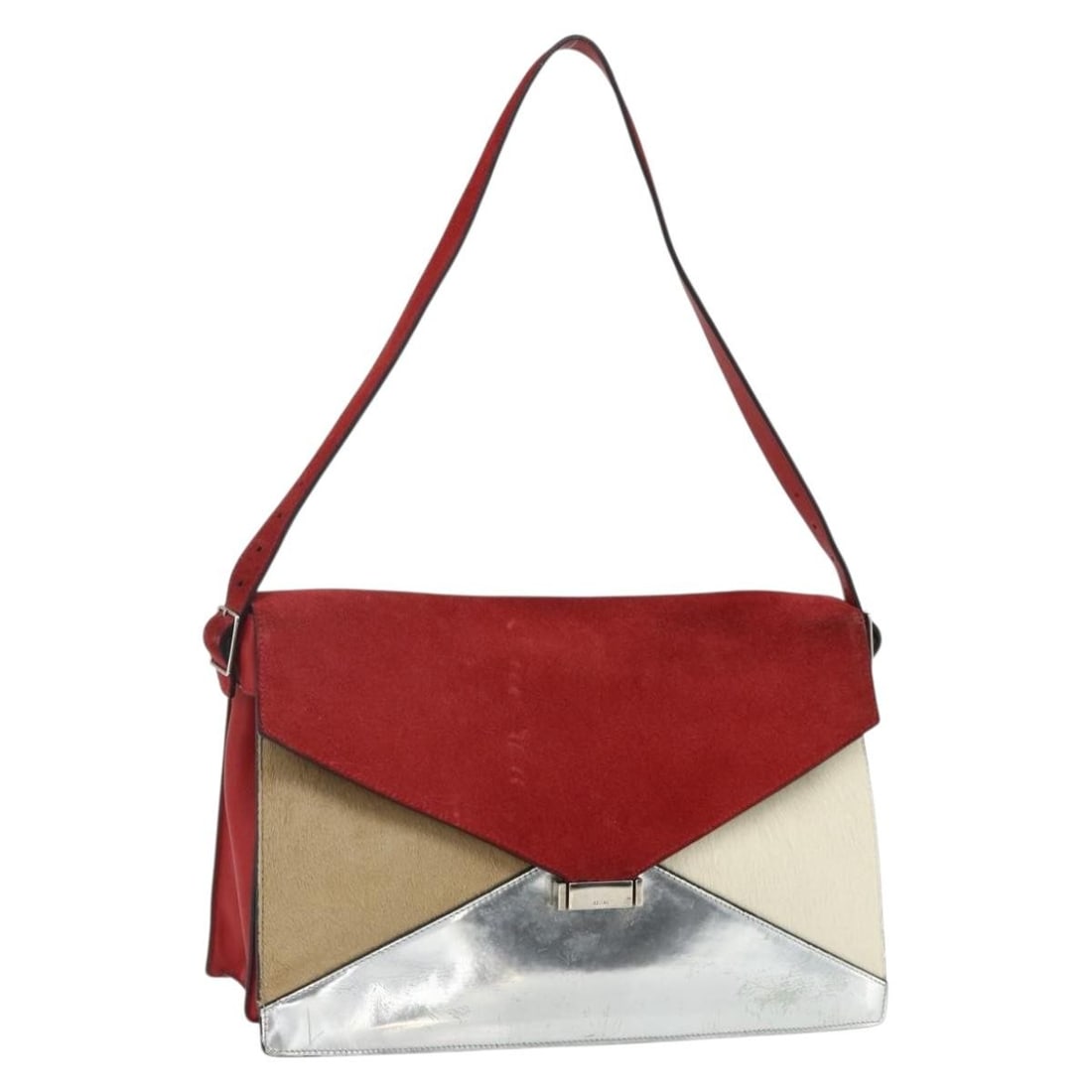 Celine red leather shoulder bag silver tone hardware made in Italy: Celine red leather shoulder bag silver tone hardware made in Italy A CELINE shoulder bag in red leather with silver-tone hardware. Made in Italy, it measures approximately W34 x H23 x D15 cm, with a s