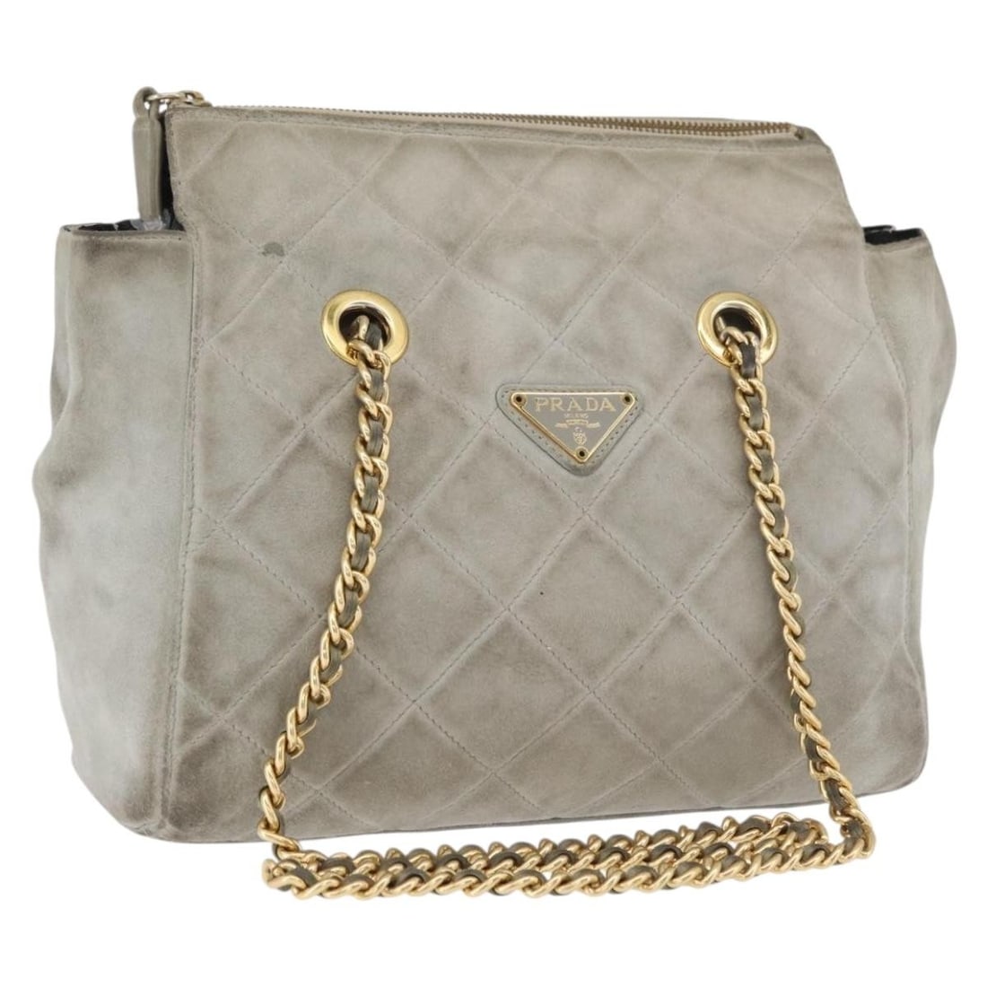 Prada Gray Suede Shoulder Bag with Gold Tone Chain: Prada Gray Suede Shoulder Bag with Gold Tone Chain Prada chain shoulder bag in suede with a gray and gold color scheme. Made in Italy, this women's shoulder bag measures approximately 10.2 x 7.1 x 4.3