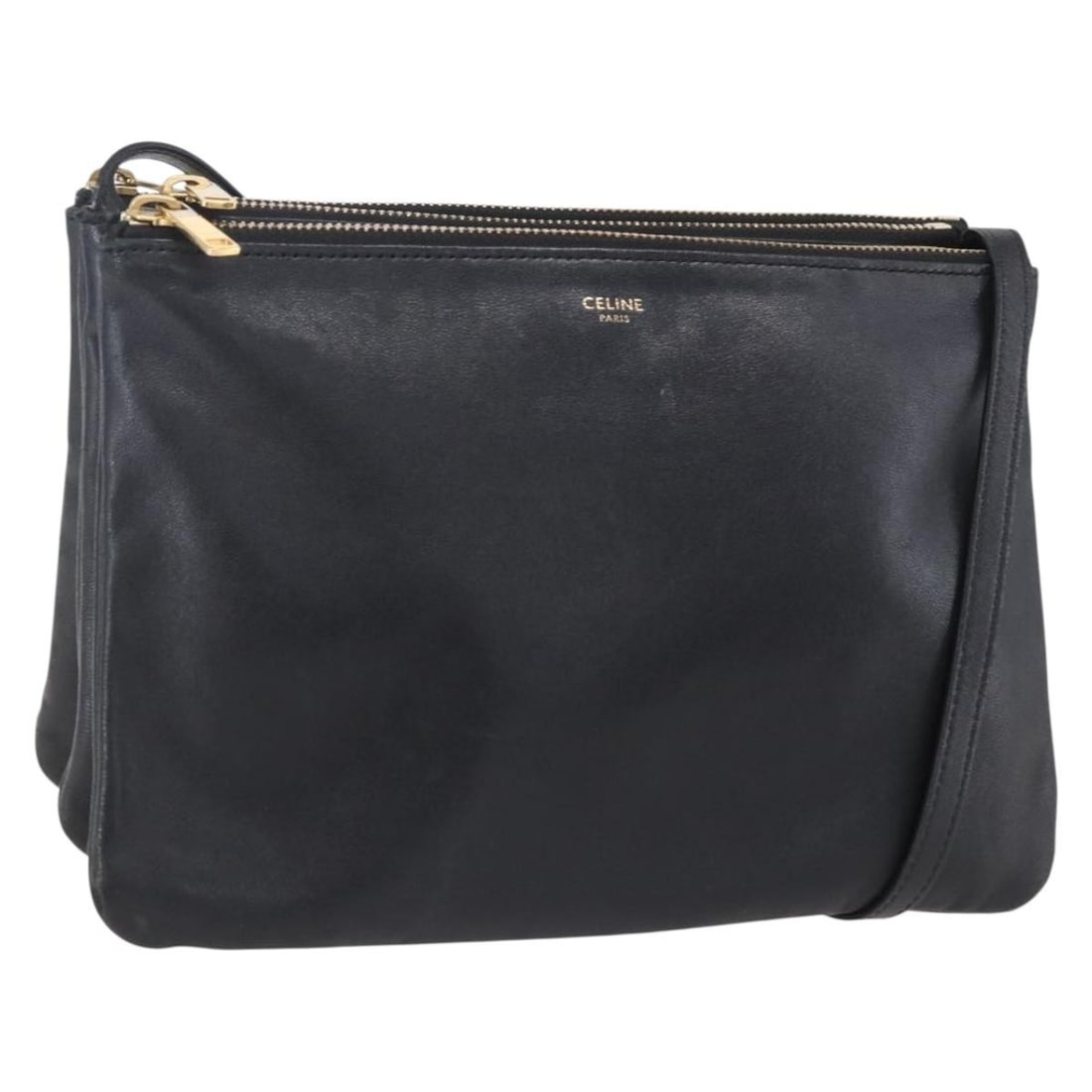 Celine Trio Small Black Leather Shoulder Bag Gold Hardware Italy: Celine Trio Small Black Leather Shoulder Bag Gold Hardware Italy This Celine Trio Small Shoulder Bag features a black leather exterior with gold-tone accents. Designed for women, it offers a sleek and