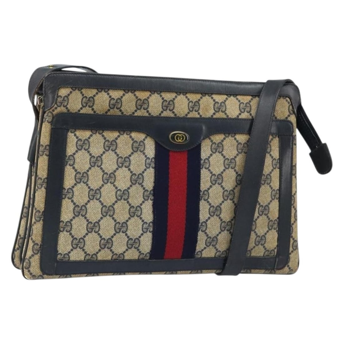 Navy GG Supreme Sherry Line Shoulder Bag by Gucci in PVC Leather: Navy GG Supreme Sherry Line Shoulder Bag by Gucci in PVC Leather This Gucci GG Supreme Sherry Line shoulder bag features a navy and gold color scheme and is crafted from PVC leather with GG canvas det