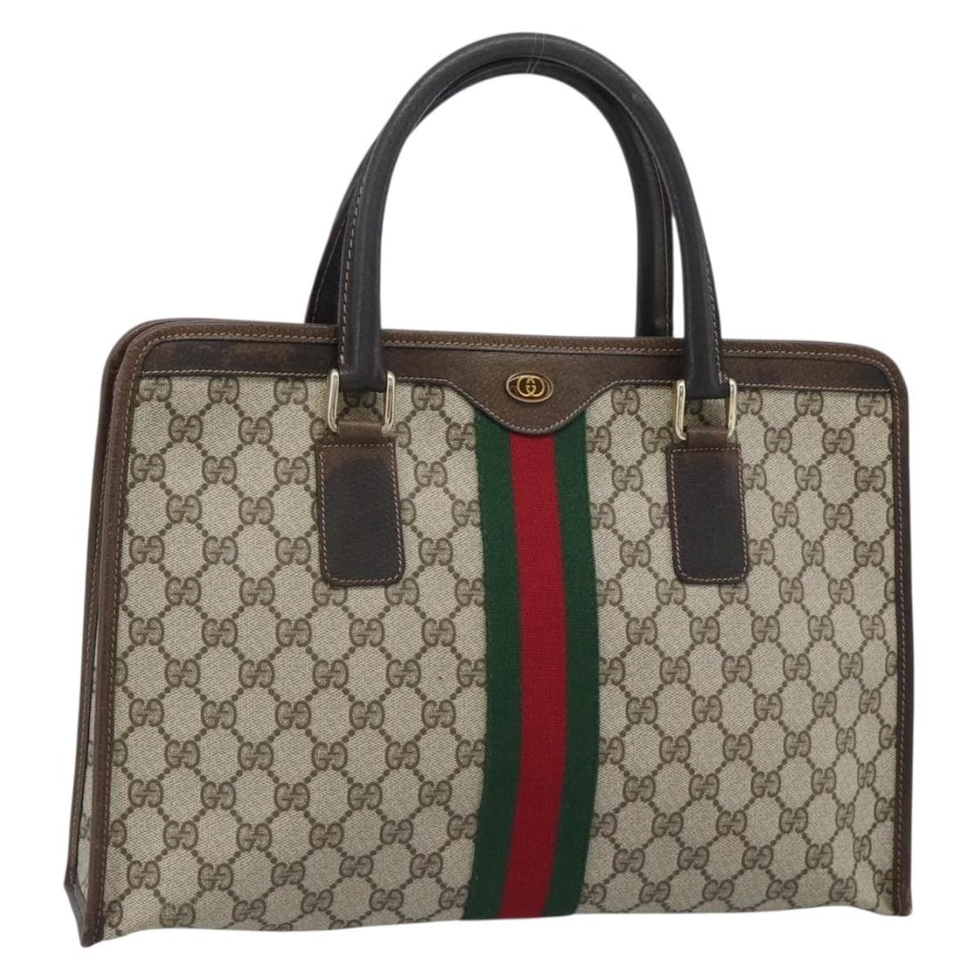 Gucci GG Supreme Sherry Line beige gold PVC handbag 010 378: Gucci GG Supreme Sherry Line beige gold PVC handbag 010 378 This GUCCI GG Supreme Web Sherry Line handbag is crafted from durable PVC leather and GG canvas in a beige and gold color scheme. The bag fe