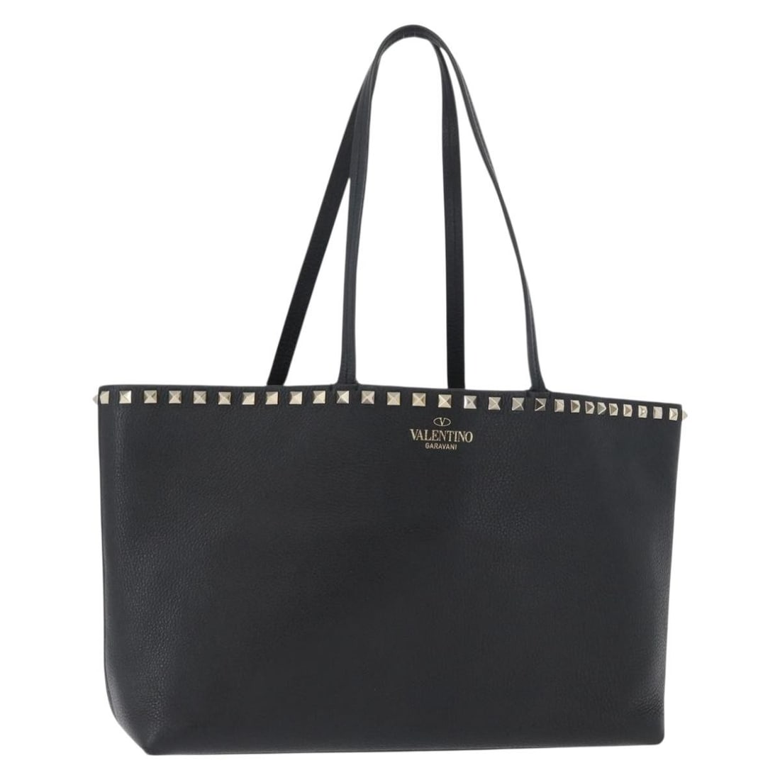 Valentino Rockstud Black Leather Tote with Dust Bag Silver Tone: Valentino Rockstud Black Leather Tote with Dust Bag Silver Tone A Valentino Rock Studs tote bag in black and silver leather, made in Italy. It comes with a dust bag and shows heavy use, with visible r