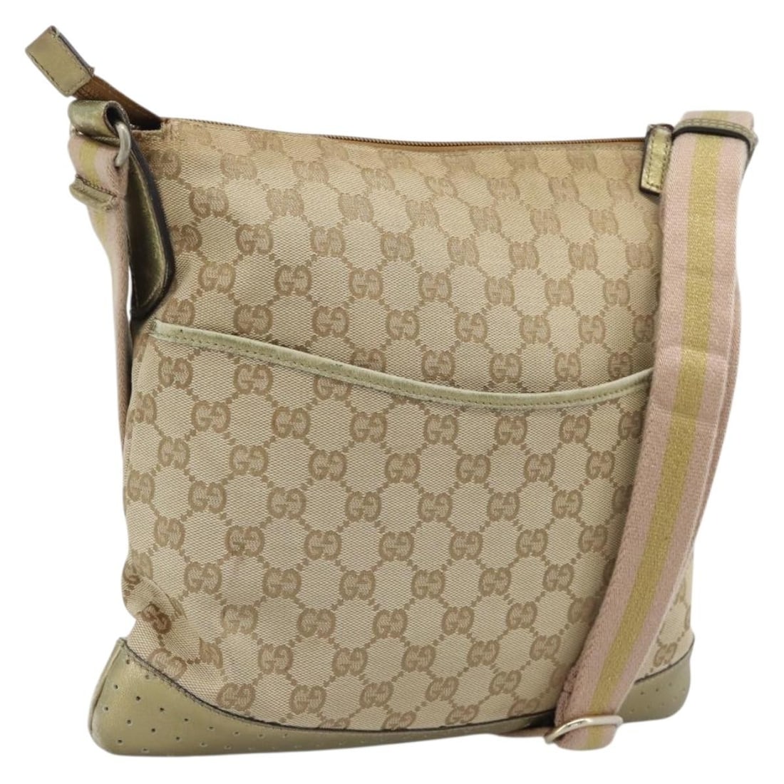 Gucci 145857 GG Canvas Shoulder Bag Beige Gold Tone Italy: Gucci 145857 GG Canvas Shoulder Bag Beige Gold Tone Italy Gucci shoulder bag in beige and gold GG Canvas, made in Italy. It features a shoulder strap and comes in heavily used condition with visible w