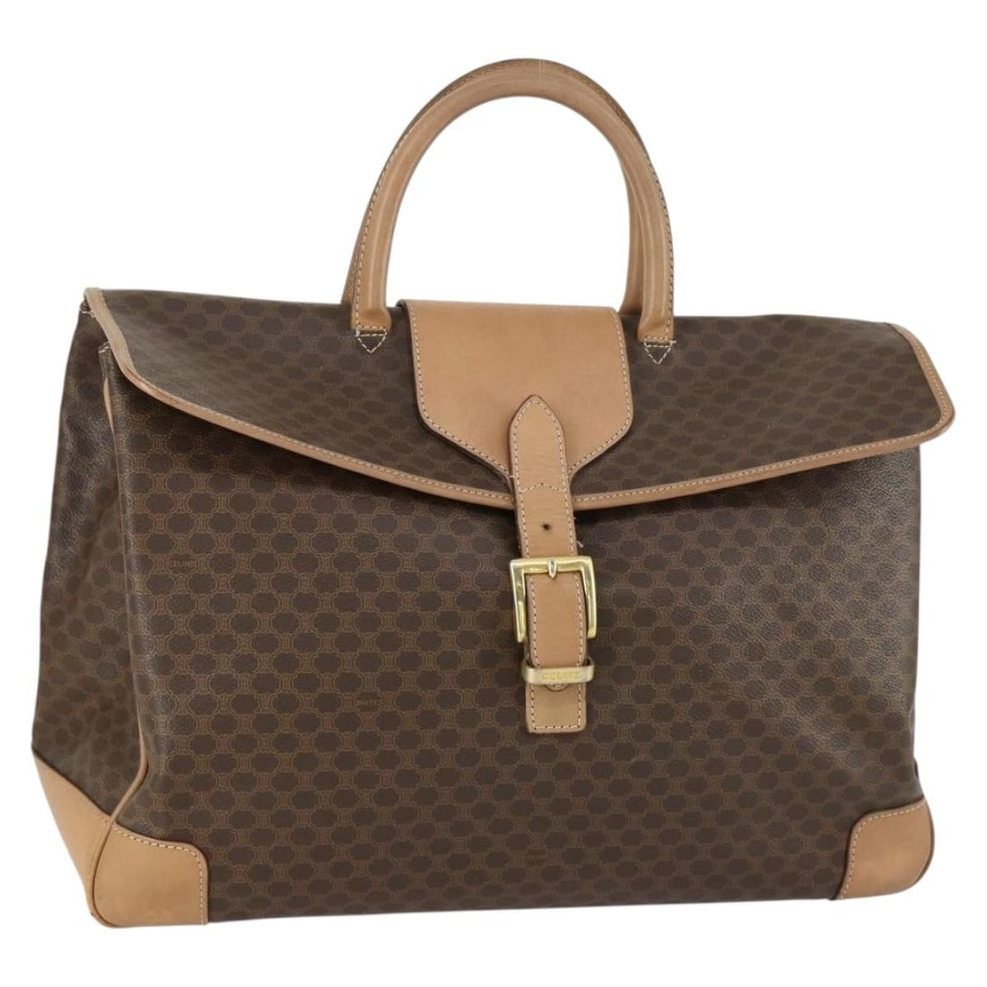 CELINE Macadam Canvas PVC Leather Handbag Brown Gold Tone: CELINE Macadam Canvas PVC Leather Handbag Brown Gold Tone Celine Macadam canvas hand bag in brown with gold-tone accents, crafted with PVC leather trim and made in Italy. This women's handbag includes