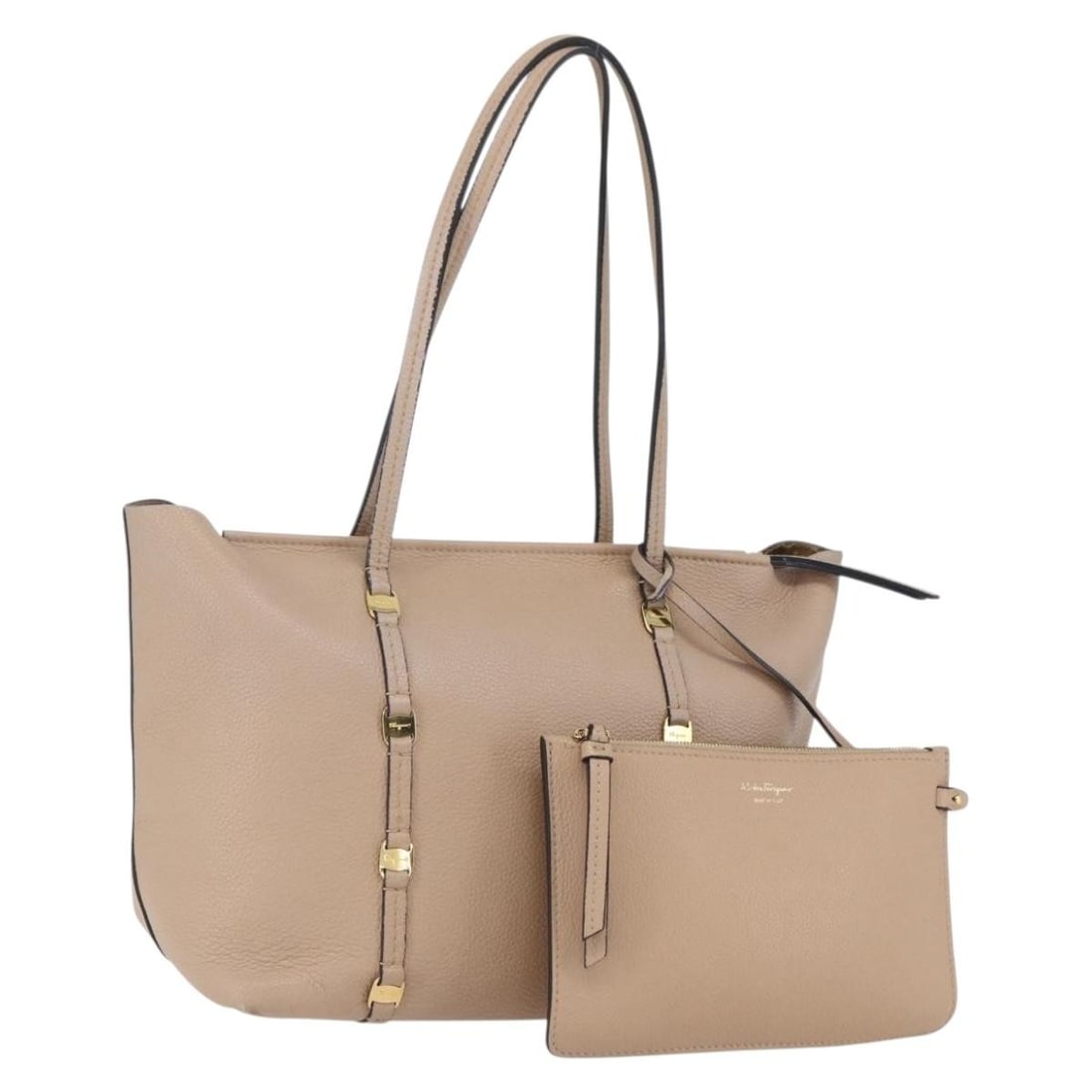 Salvatore Ferragamo Vala beige leather tote bag with pouch: Salvatore Ferragamo Vala beige leather tote bag with pouch Salvatore Ferragamo Vala tote bag in beige and gold leather with a pouch accessory. Made in Italy, this women's tote has a structured everyda