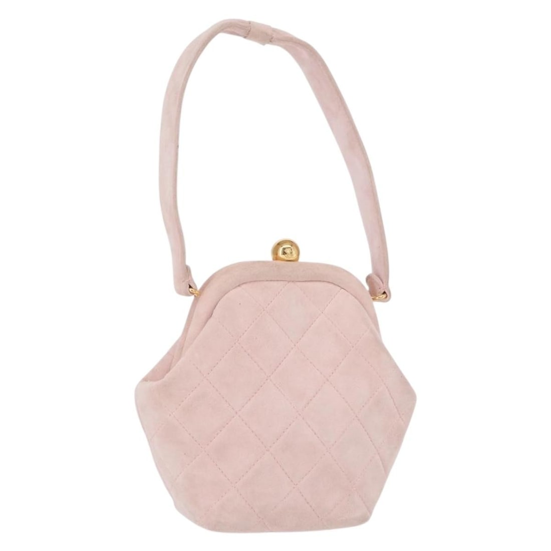 CHANEL Matelasse Suede Handbag Pink with Gold CC: CHANEL Matelasse Suede Handbag Pink with Gold CC CHANEL suede hand bag in pink and gold, made in Italy. The bag measures approximately 10 cm W x 16 cm H x 6 cm D, with a handle drop of approximately 1