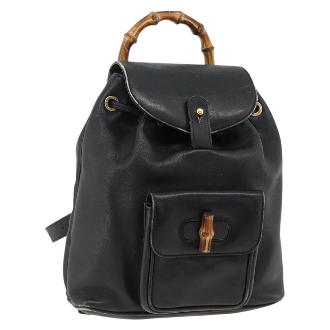 Black Leather Bamboo Backpack by Gucci with Gold Hardware 003 2034 0030: Black Leather Bamboo Backpack by Gucci with Gold Hardware 003 2034 0030 This GUCCI Bamboo Backpack features black leather with gold-tone accents and is designed for women. The backpack measures approx