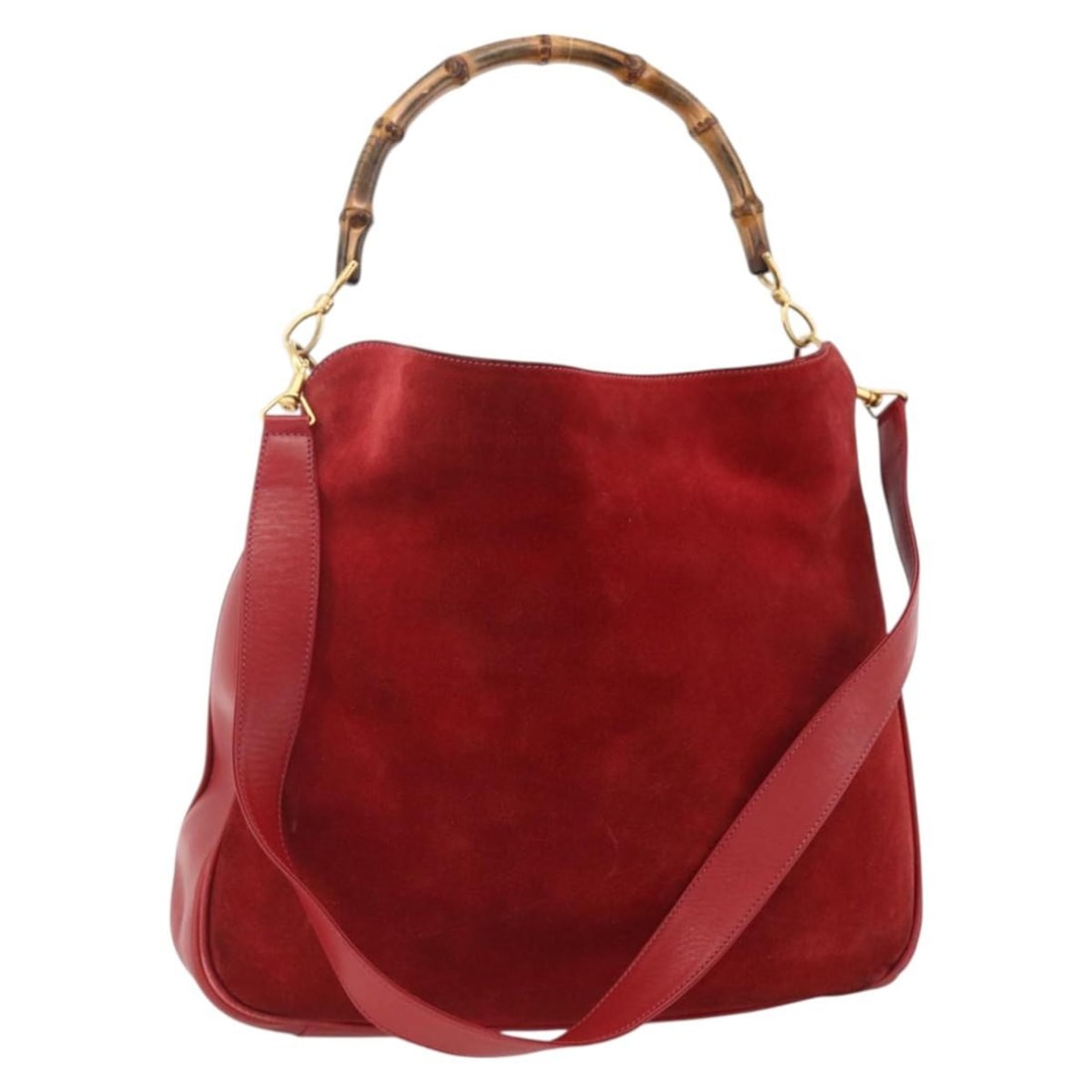 Gucci 001 1577 2615 suede 2way shoulder bag red with strap: Gucci 001 1577 2615 suede 2way shoulder bag red with strap Gucci bamboo shoulder bag in red suede with gold-tone accents. This women's 2-way bag includes a shoulder strap and features a heavily used c