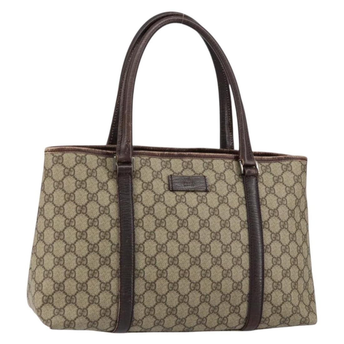 Gucci 114595 GG Supreme PVC Tote in Beige Silver: Gucci 114595 GG Supreme PVC Tote in Beige Silver A GUCCI GG Supreme tote bag in beige and silver, made from PVC leather and GG canvas. This pre-owned tote bag was made in Italy and features a structur