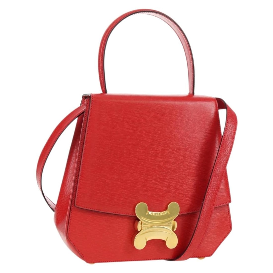 CELINE Red Leather 2way Handbag with Shoulder Strap Gold Tone: CELINE Red Leather 2way Handbag with Shoulder Strap Gold Tone CELINE leather hand bag in red and gold, designed for women and made in Italy. It comes with a shoulder strap and features a 2-way style. 