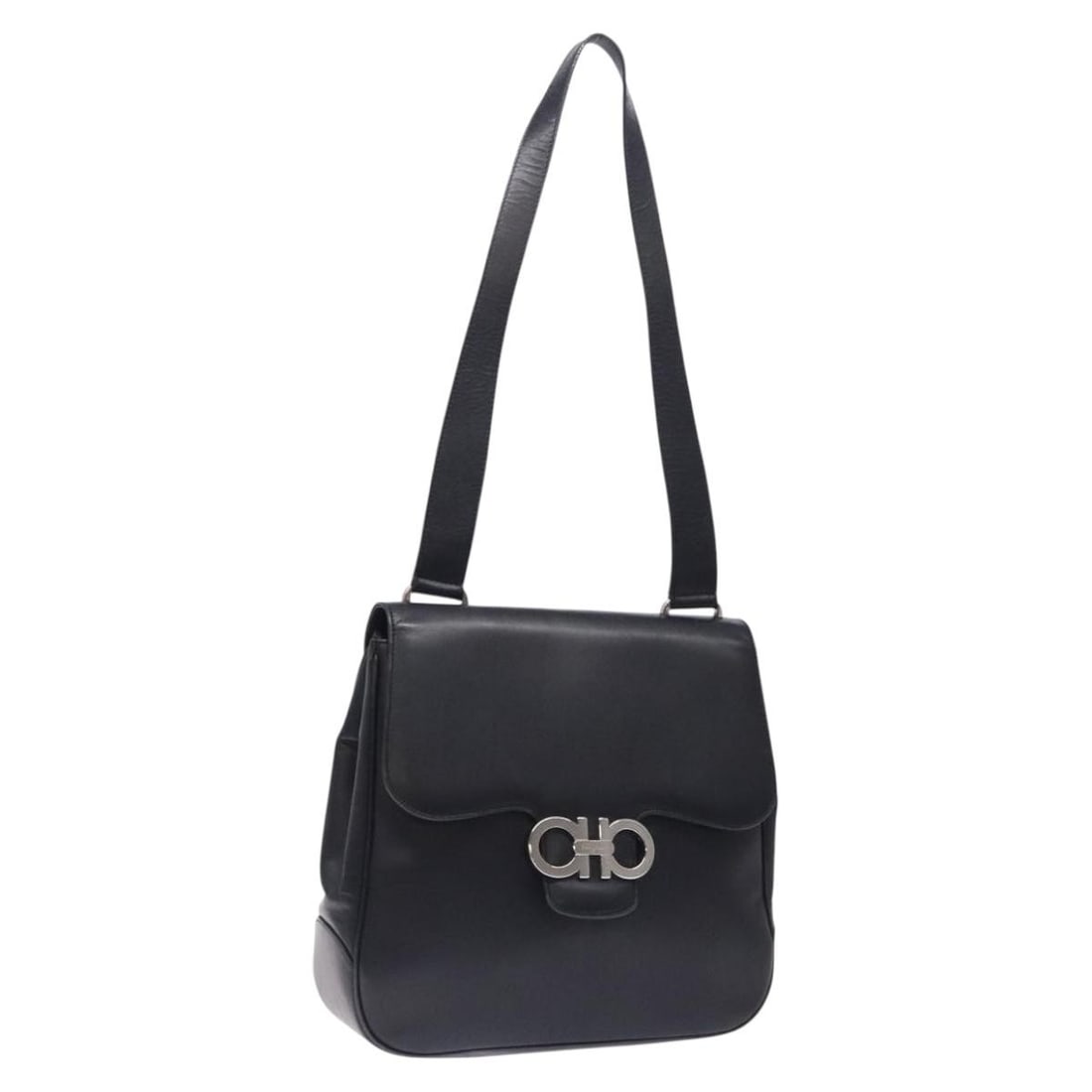 Salvatore Ferragamo Gancini Black Leather Shoulder Bag Silver Tone: Salvatore Ferragamo Gancini Black Leather Shoulder Bag Silver Tone Salvatore Ferragamo Gancini shoulder bag in black and silver leather, made in Italy. This women's bag features a shoulder strap with 
