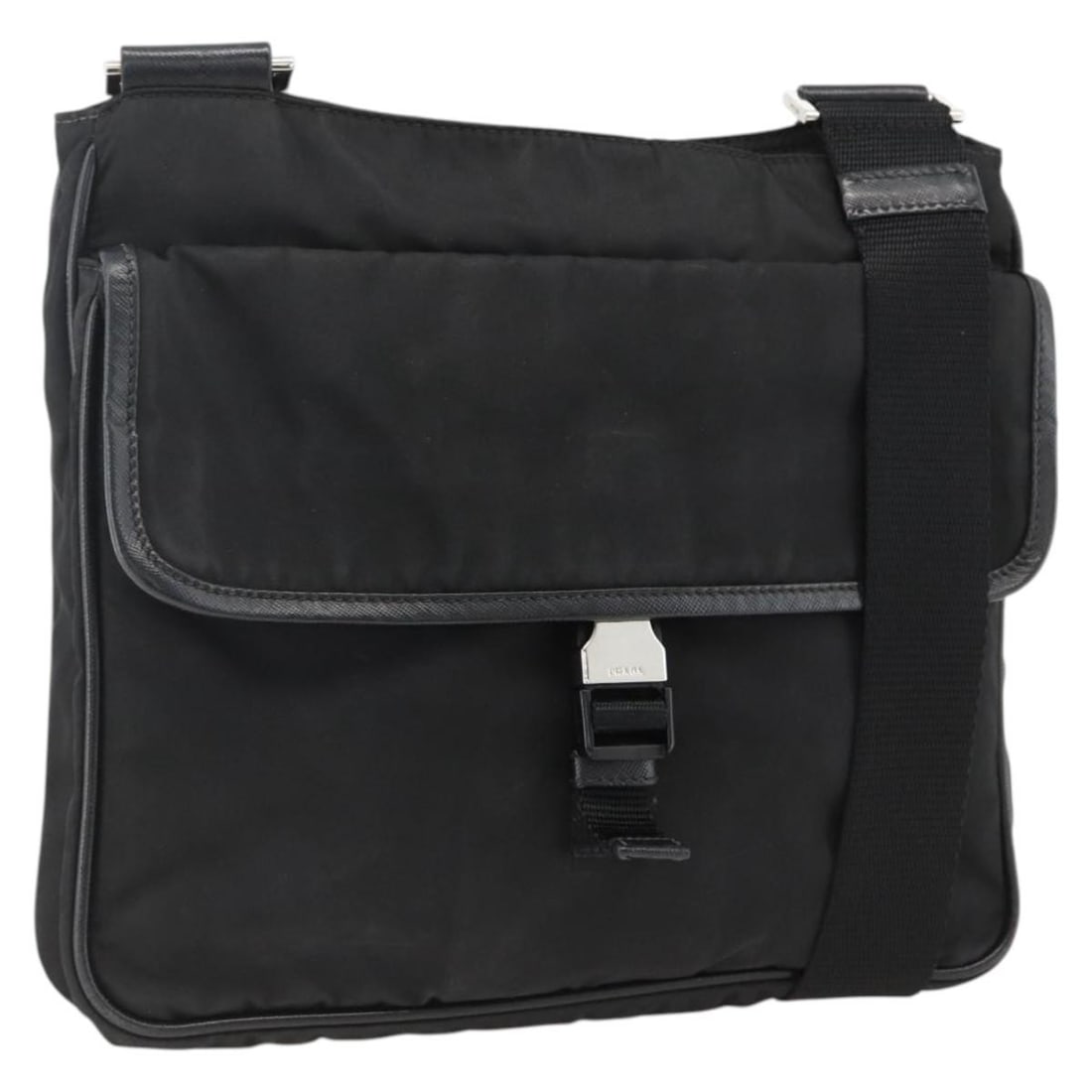 PRADA Nylon Shoulder Bag Black Silver Made in Italy: PRADA Nylon Shoulder Bag Black Silver Made in Italy Black Prada nylon shoulder bag with silver-tone hardware, made in Italy. The bag measures approximately W27 x H25 x D5 cm, with a shoulder drop of a