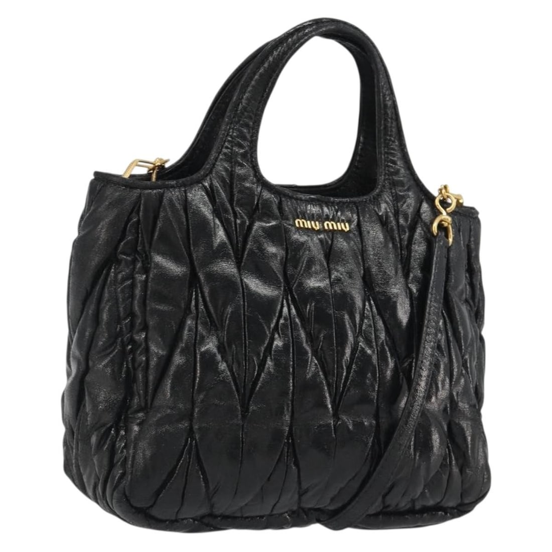 Miu Miu Black Leather 2 Way Handbag with Shoulder Strap: Miu Miu Black Leather 2 Way Handbag with Shoulder Strap Miu Miu 2-way handbag in black leather with gold-tone accents. Designed for women, this handbag includes a shoulder strap and can be carried by 
