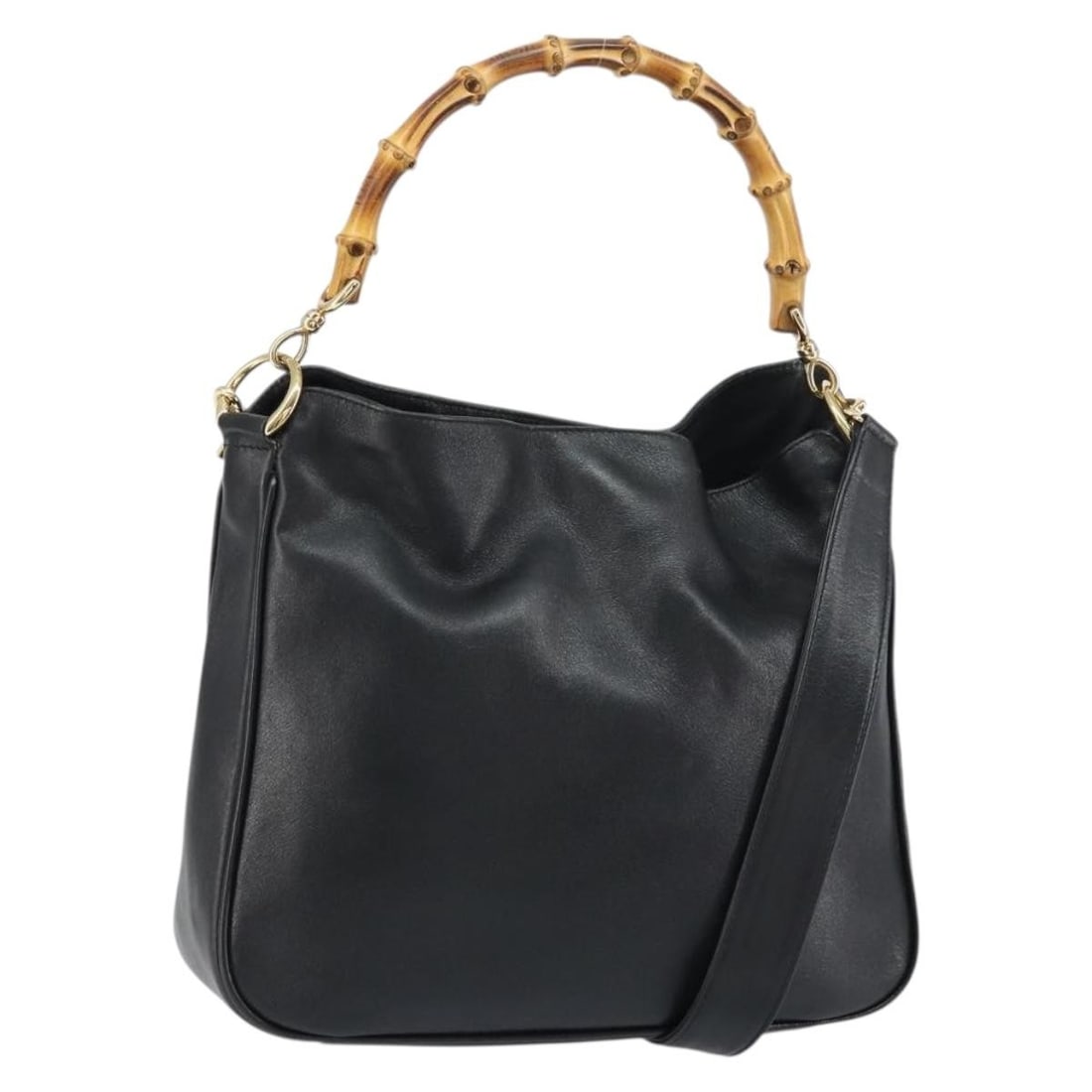 Gucci Bamboo Leather Shoulder Bag Black Gold 2way Strap Italy: Gucci Bamboo Leather Shoulder Bag Black Gold 2way Strap Italy This Gucci Bamboo Shoulder Bag is crafted from black and gold leather and offers versatile 2-way wear with both a shoulder strap and handl
