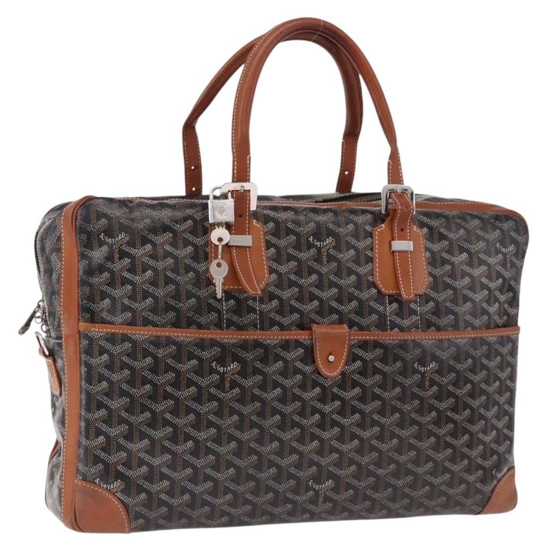 Goyard Black Silver Herringbone PVC Leather Boston Bag with Dust Bag: Goyard Black Silver Herringbone PVC Leather Boston Bag with Dust Bag Goyard Boston bag in black and silver PVC leather, made in France. It comes with a dust bag, padlock, and two keys. The bag shows h