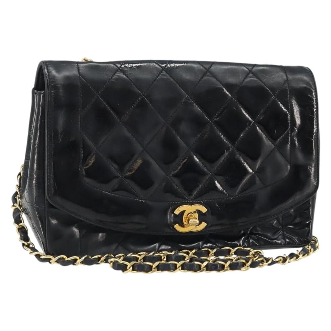 Chanel Diana 25 Black Patent Leather Shoulder Bag Gold Chain Repainted: Chanel Diana 25 Black Patent Leather Shoulder Bag Gold Chain Repainted This CHANEL Diana 25 Matelasse shoulder bag is crafted from black patent leather with gold-tone accents. Designed for women, the 