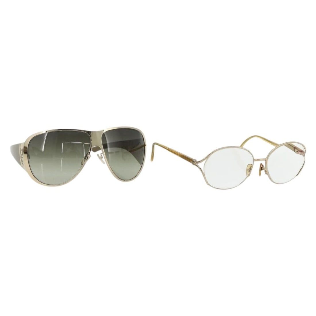 Christian Dior Gold Plastic Sunglasses 2 Piece Set: Christian Dior Gold Plastic Sunglasses 2 Piece Set This is a set of two Christian Dior women's sunglasses made from plastic with a gold color finish. Both sunglasses are included as part of this speci