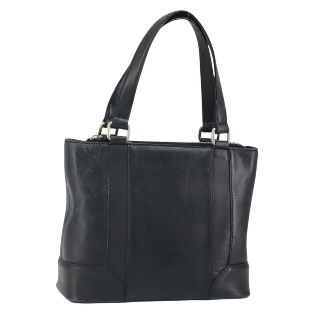 Burberry Black Leather Handbag with Silver Hardware 10.2x8.3 Inch: Burberry Black Leather Handbag with Silver Hardware 10.2x8.3 Inch This Burberry leather handbag features a black and silver exterior with a classic hand bag style. It has a handle drop of approximatel
