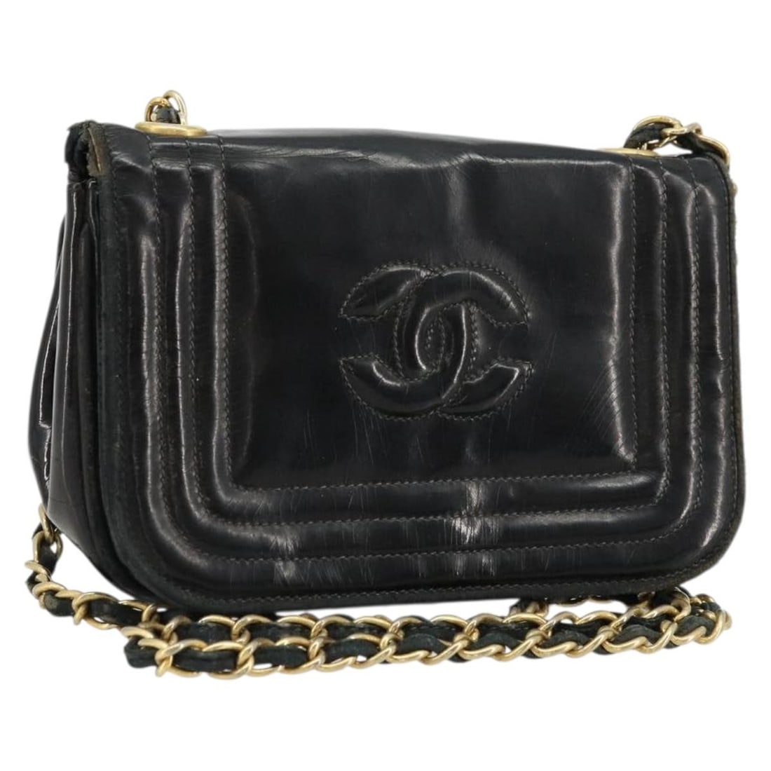 CHANEL Coco Mark patent leather black gold shoulder bag with card: CHANEL Coco Mark patent leather black gold shoulder bag with card This CHANEL Coco Mark chain shoulder bag is crafted from black patent leather with gold-tone accents. Designed for women, it features 