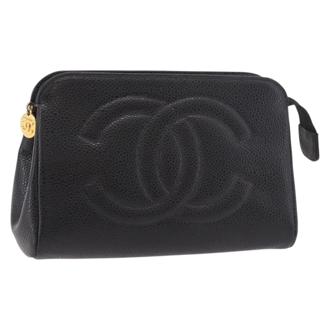 CHANEL Caviar Skin Black Pouch Gold CC France: CHANEL Caviar Skin Black Pouch Gold CC France Black CHANEL pouch in caviar skin with gold-tone CC hardware. The item measures approximately W18 cm x H11 cm x D5 cm (W7.1 x H4.3 x D2.0 inches) and was 