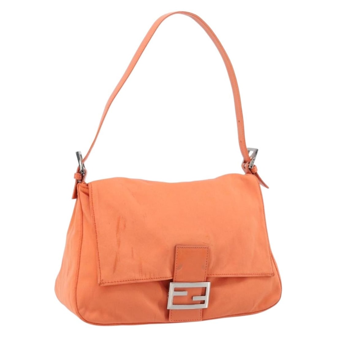 FENDI Mamma Baguette Nylon Shoulder Bag Orange Silver: FENDI Mamma Baguette Nylon Shoulder Bag Orange Silver FENDI Mamma Baguette shoulder bag in orange and silver nylon, made in Italy. This women's bag measures approximately 11.8 x 7.9 x 4.7 inches, with