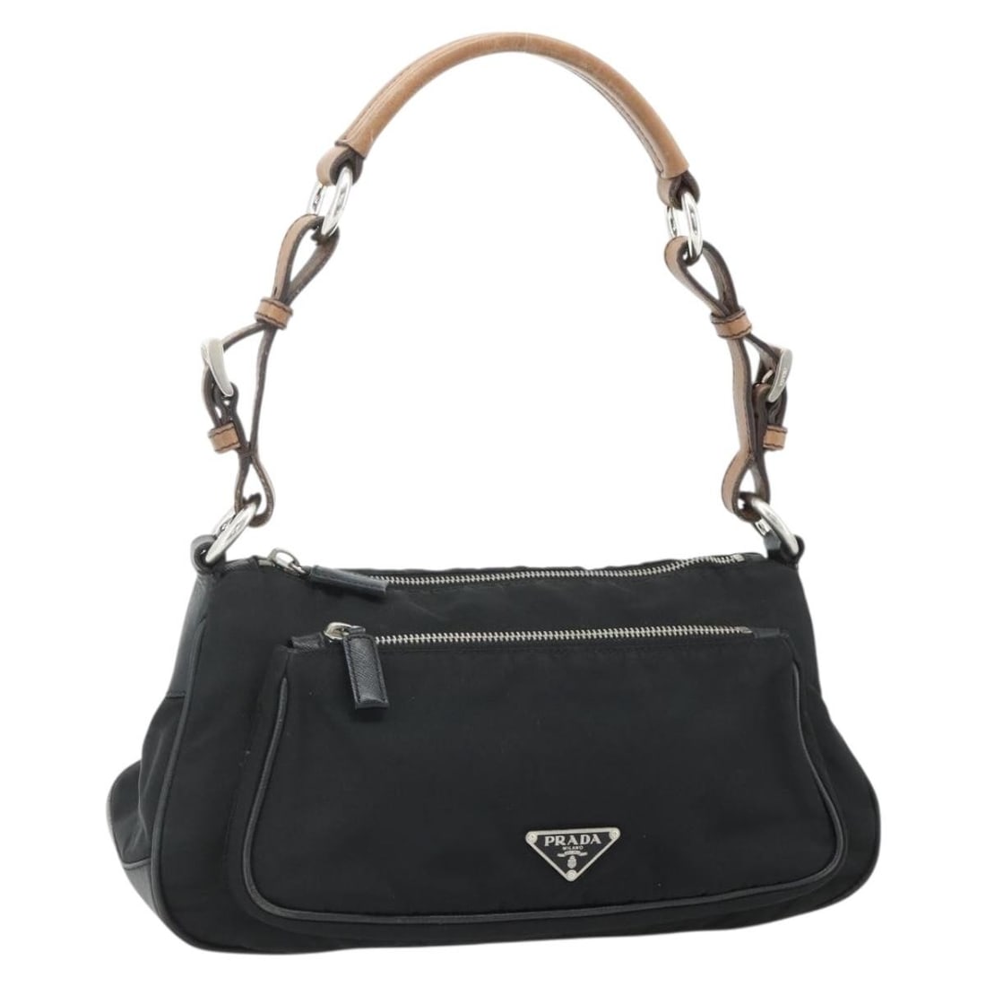 PRADA Black Nylon Shoulder Bag with Leather Trim Guarantee Card: PRADA Black Nylon Shoulder Bag with Leather Trim Guarantee Card Prada shoulder bag in black nylon with silver-tone accents. Made in Italy, this women's bag includes the guarantee card. Condition is he