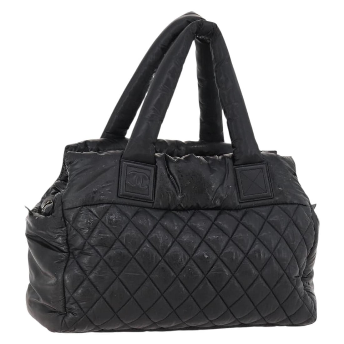 CHANEL Black Nylon Hand Bag with Silver CC: CHANEL Black Nylon Hand Bag with Silver CC CHANEL hand bag in black and silver nylon, made in Italy. This women's bag measures approximately 41 cm wide, 23 cm high, and 15 cm deep, with a handle drop 
