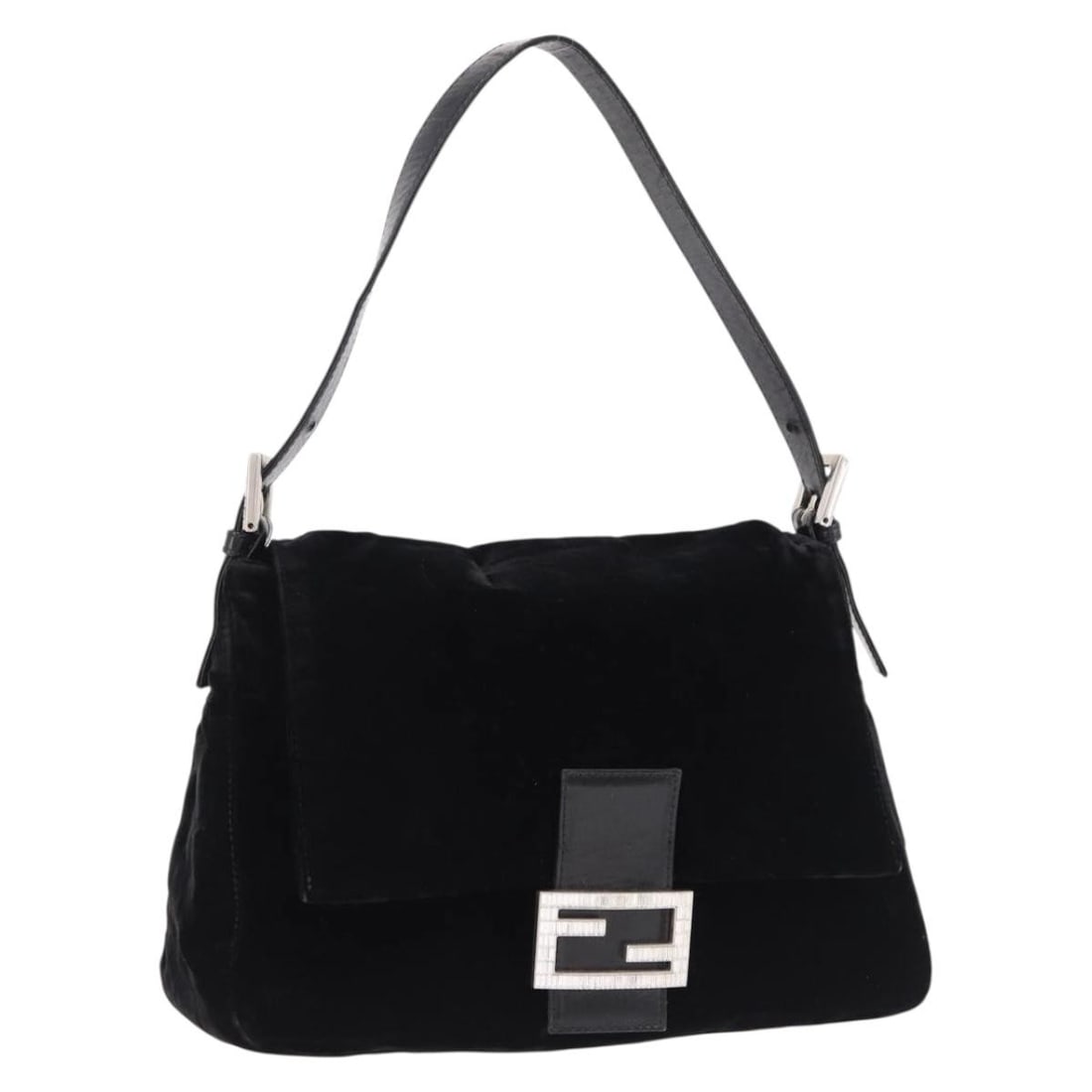 FENDI Mamma Baguette Velor Shoulder Bag Black Silver: FENDI Mamma Baguette Velor Shoulder Bag Black Silver FENDI Mamma Baguette shoulder bag in black and silver velor, made in Italy. This women's shoulder bag features a dust bag accessory and a shoulder 