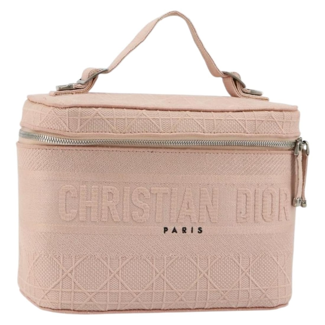 Christian Dior pink canvas vanity handbag with guarantee card: Christian Dior pink canvas vanity handbag with guarantee card Christian Dior vanity hand bag in pink and silver canvas. It includes a guarantee card and was made in Italy. The bag is described as heav