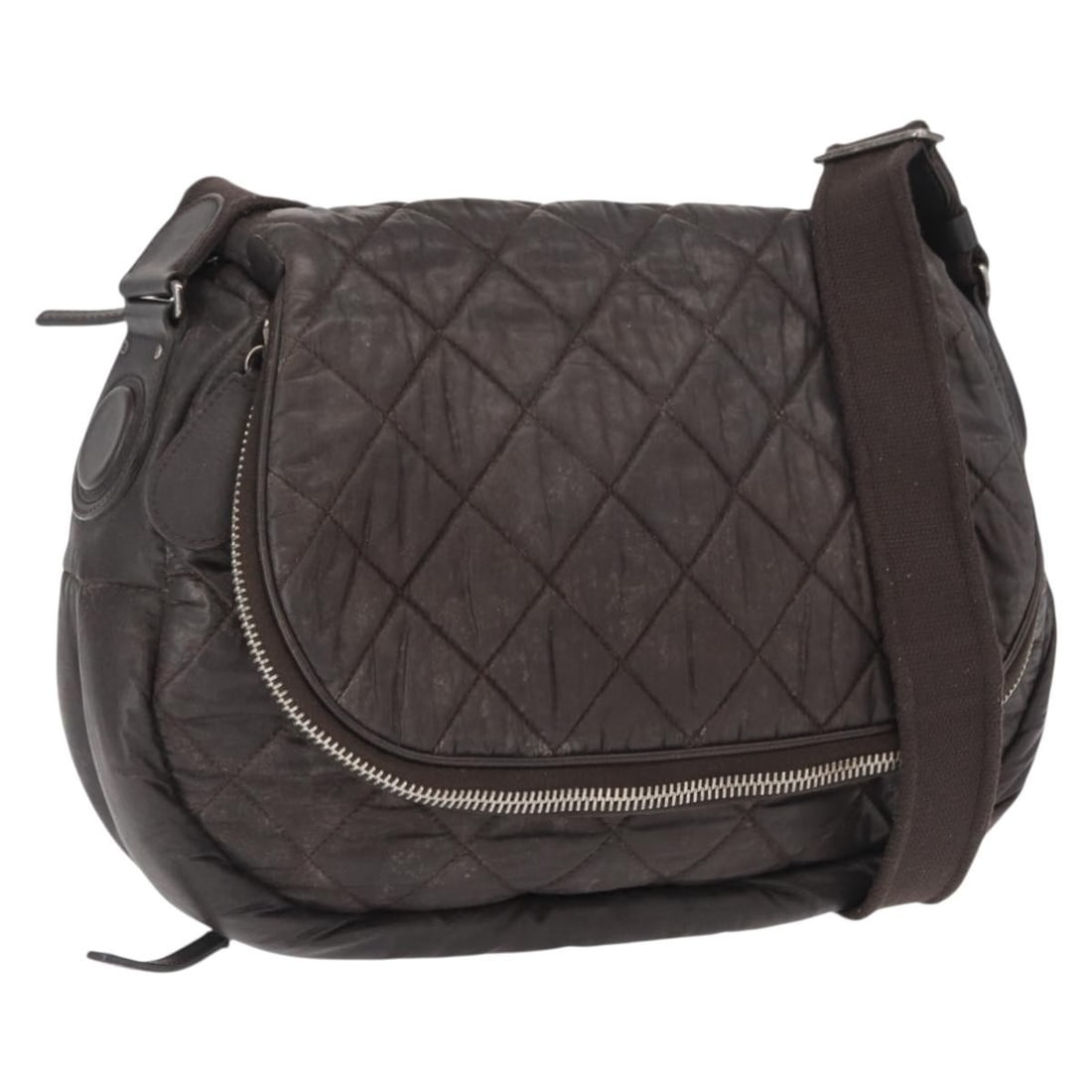 Chanel Matelasse Brown Nylon Shoulder Bag Silver CC: Chanel Matelasse Brown Nylon Shoulder Bag Silver CC Chanel Matelasse shoulder bag in brown nylon with silver-tone CC hardware. Made in Italy, this bag measures approximately W35 x H23 x D8 cm with a s