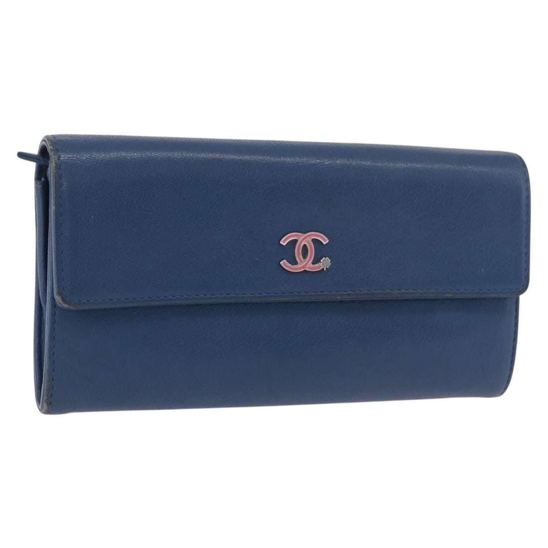 CHANEL CC Blue Leather Long Wallet Silver Tone Italy: CHANEL CC Blue Leather Long Wallet Silver Tone Italy A CHANEL long wallet in blue and silver leather, made in Italy. The wallet shows heavy use with visible rubbing, slight shape loss, stains, slight 